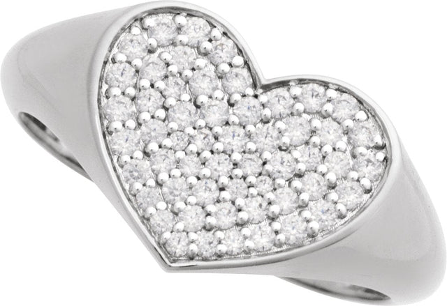14K Gold Round Natural Diamond Pavé-Style Heart Signet Ring - White Gold - view 4