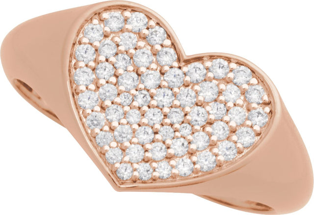 14K Gold Round Natural Diamond Pavé-Style Heart Signet Ring - Rose Gold - view 4