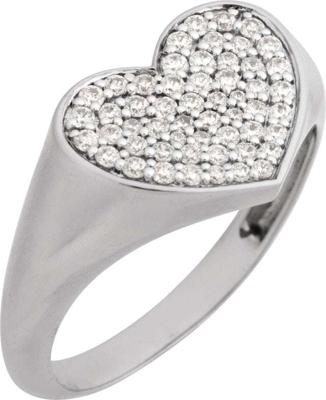14K Gold Round Natural Diamond Pavé-Style Heart Signet Ring - White Gold
