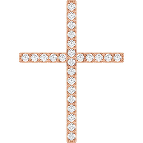 14K Gold Round Natural Diamond Petite Cross Necklace or Pendant - Rose Gold
