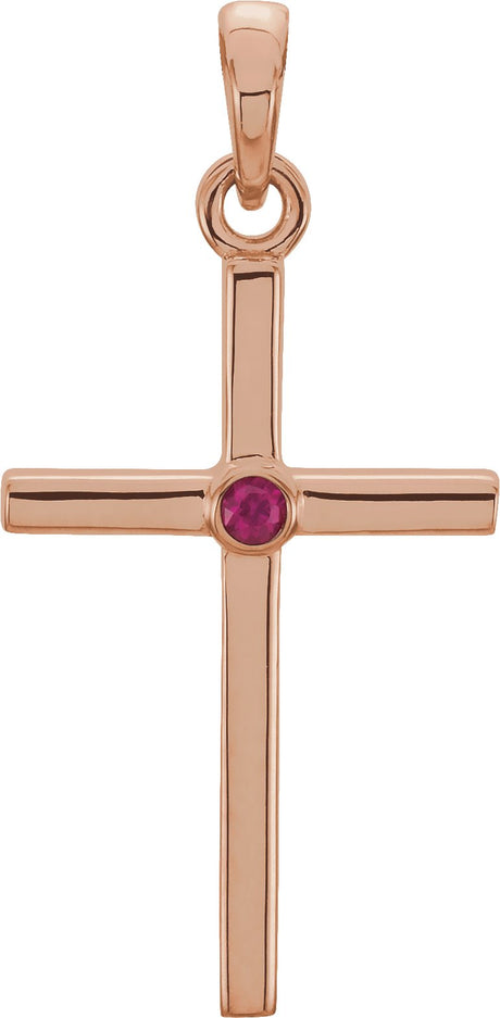 14K Gold Round Natural Ruby Cross Pendant - Rose Gold