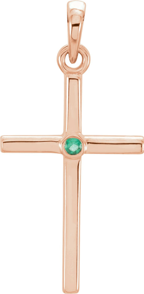 14K Gold Round Natural Emerald Cross Pendant - Rose Gold