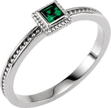 14K Gold Square Natural Emerald Family Stackable Ring - White Gold