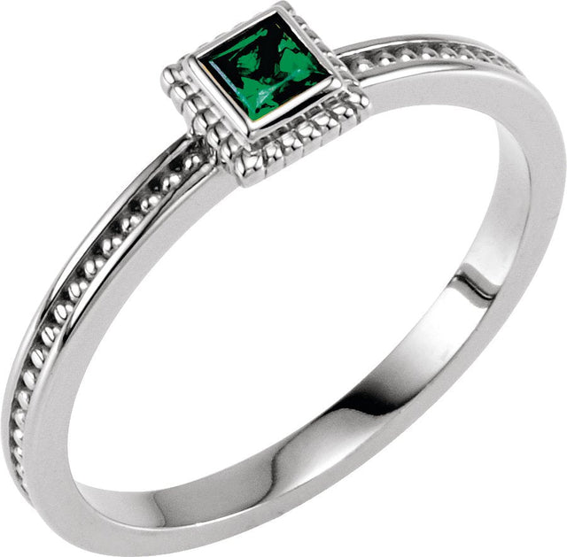 14K Gold Square Natural Emerald Family Stackable Ring - White Gold
