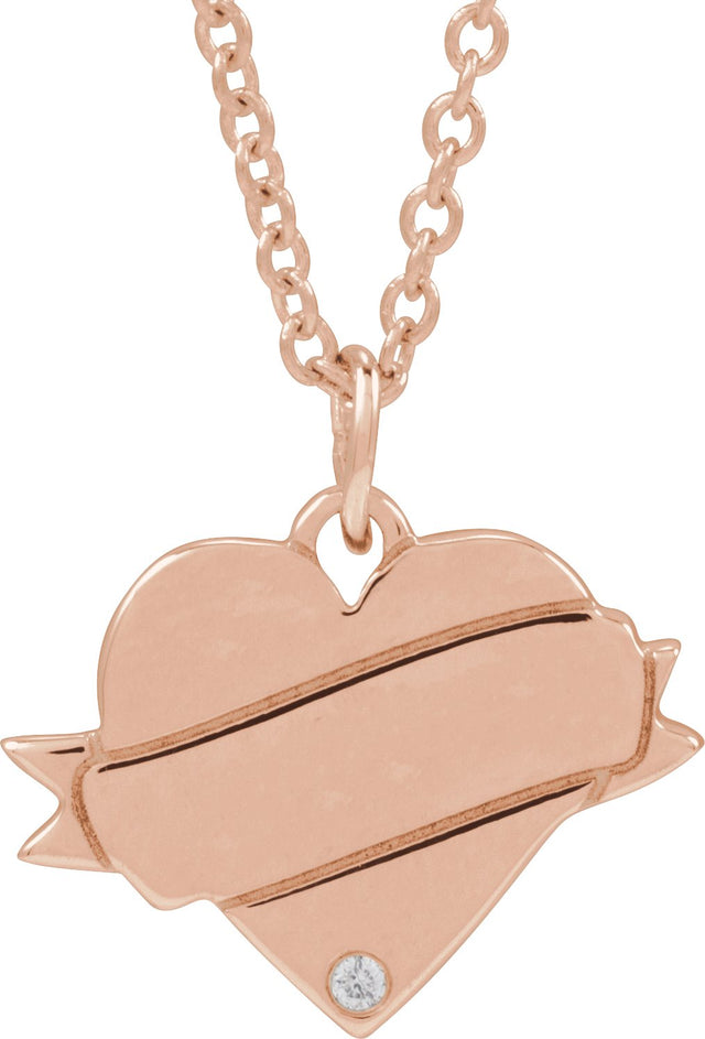 14K Gold Round Natural Diamond Engravable Accented Heart Necklace or Pendant – 005 CTW - Rose Gold