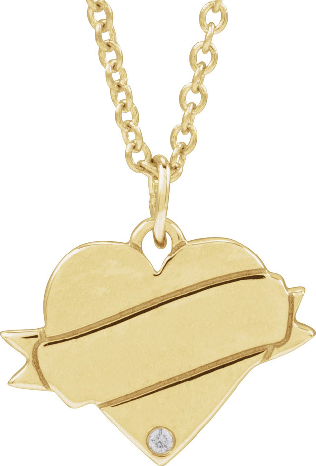 14K Gold Round Natural Diamond Engravable Accented Heart Necklace or Pendant – 005 CTW - Yellow Gold