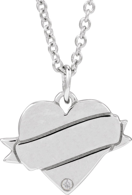 14K Gold Round Natural Diamond Engravable Accented Heart Necklace or Pendant – 005 CTW - White Gold