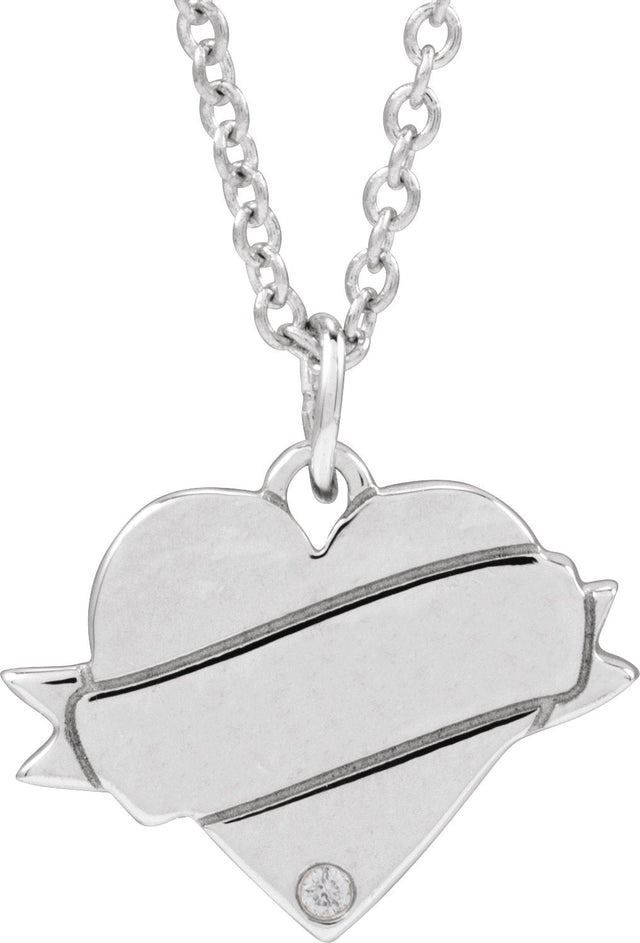 14K Gold Round Natural Diamond Engravable Accented Heart Necklace or Pendant – 005 CTW - White Gold