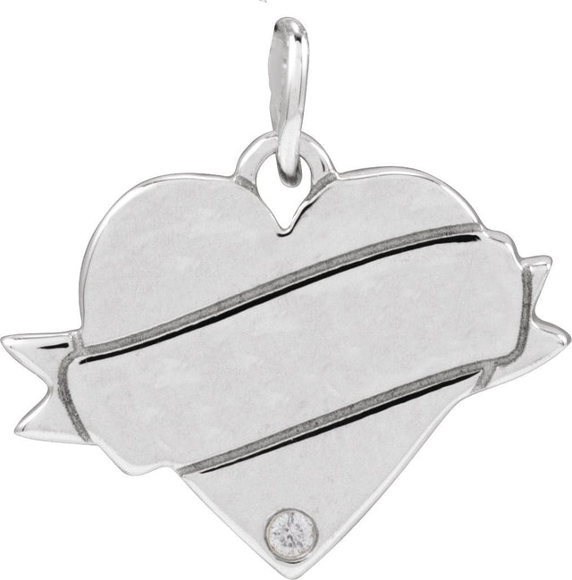 14K Gold Round Natural Diamond Engravable Accented Heart Necklace or Pendant – 005 CTW - White Gold