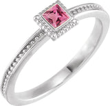 14K Gold Square Natural Pink Tourmaline Family Stackable Ring - White Gold