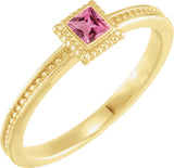 14K Gold Square Natural Pink Tourmaline Family Stackable Ring - Yellow Gold