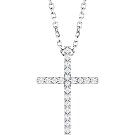 14K Gold Round Natural Diamond Petite Cross Necklace or Pendant – 1mm Stones - White Gold