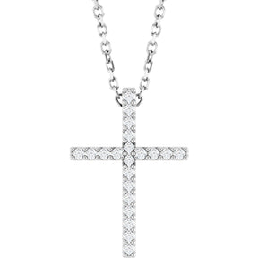 Platinum Round Natural Diamond Petite Cross Necklace or Pendant – 1mm Stones