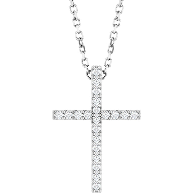 Platinum Round Natural Diamond Petite Cross Necklace or Pendant – 1mm Stones