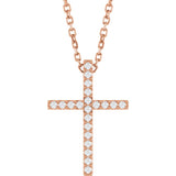 14K Gold Round Natural Diamond Petite Cross Necklace or Pendant – 1mm Stones - Rose Gold