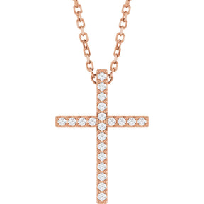 14K Gold Round Natural Diamond Petite Cross Necklace or Pendant – 1mm Stones - Rose Gold