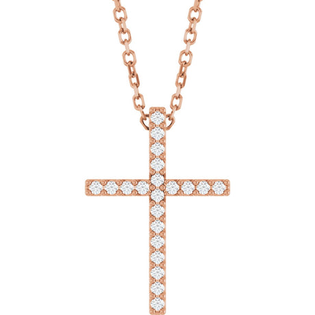 14K Gold Round Natural Diamond Petite Cross Necklace or Pendant – 1mm Stones - Rose Gold