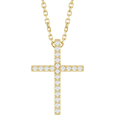 14K Gold Round Natural Diamond Petite Cross Necklace or Pendant – 1mm Stones - Yellow Gold