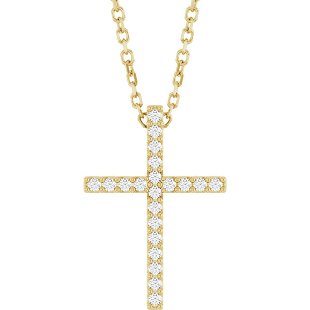 14K Gold Round Natural Diamond Petite Cross Necklace or Pendant – 1mm Stones - Yellow Gold