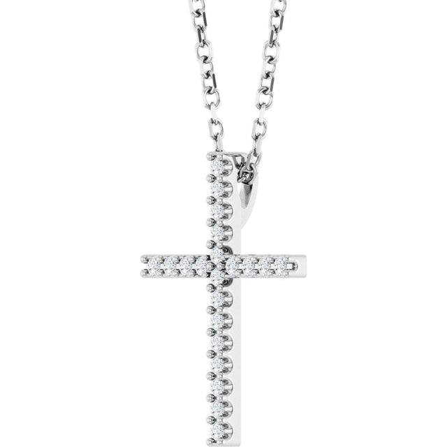 14K Gold Round Natural Diamond Petite Cross Necklace or Pendant – 1mm Stones - White Gold - view 2