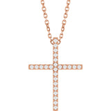 14K Gold Round Natural Diamond Petite Cross Necklace or Pendant – 1mm Stones - Rose Gold