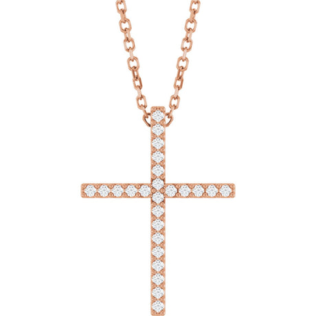 14K Gold Round Natural Diamond Petite Cross Necklace or Pendant – 1mm Stones - Rose Gold