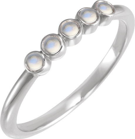 Platinum Round Natural Rainbow Moonstone Rose-Cut Stackable Ring