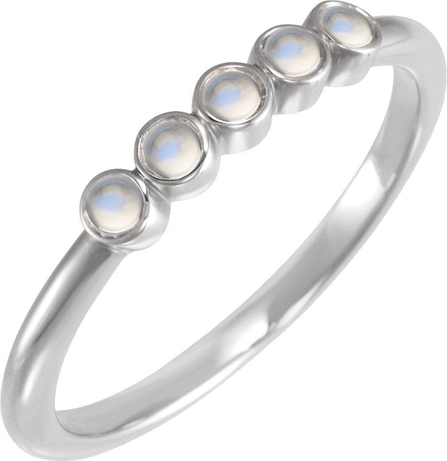 14K Gold Round Natural Rainbow Moonstone Rose-Cut Stackable Ring - White Gold
