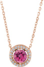 14K Gold Round Natural Pink Tourmaline Halo-Style Necklace or Pendant - Rose Gold