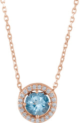 14K Gold Round Natural Aquamarine Halo-Style Necklace or Pendant - Rose Gold