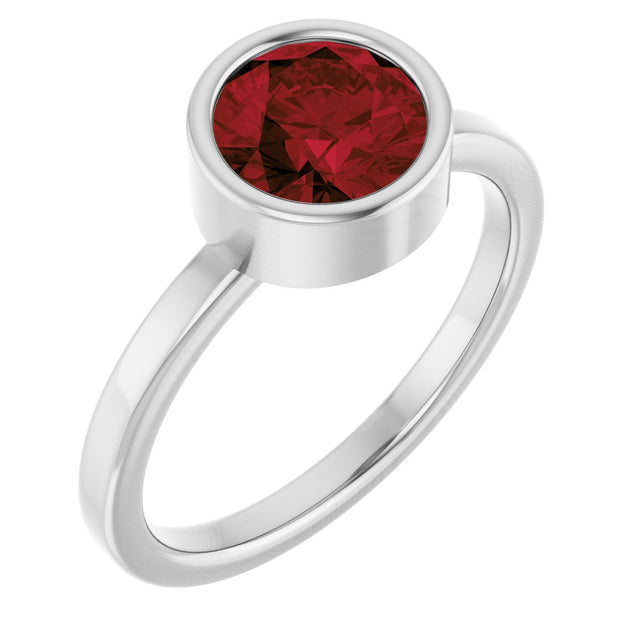 14K Gold Round Natural Mozambique Garnet Bezel-Set Solitaire Ring - White Gold