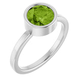 14K Gold Round Natural Peridot Bezel-Set Solitaire Ring - White Gold