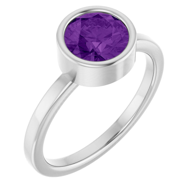 Platinum Round Natural Amethyst Bezel-Set Solitaire Ring