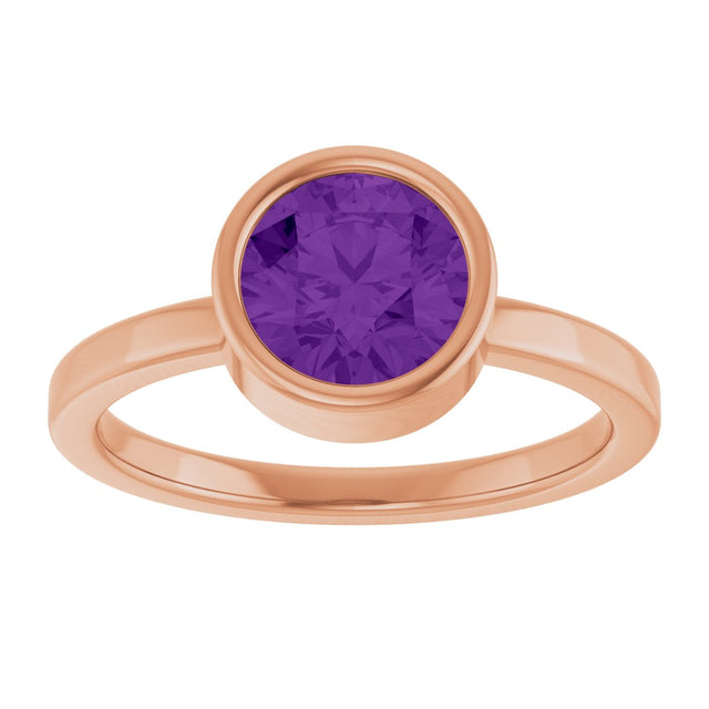 14K Gold Round Natural Amethyst Bezel-Set Solitaire Ring - Rose Gold - view 3