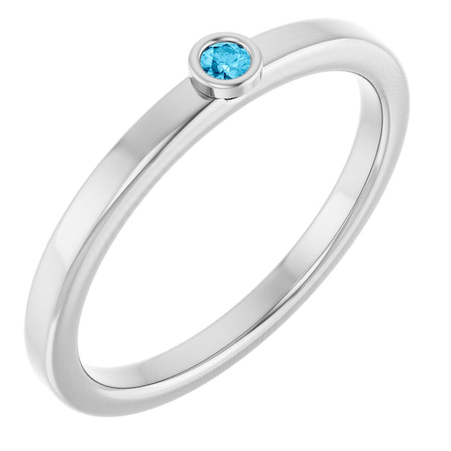 14K Gold Round Natural Aquamarine Bezel-Set Solitaire Ring - White Gold