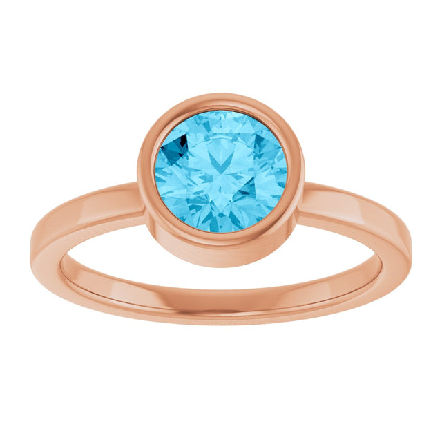14K Gold Round Natural Aquamarine Bezel-Set Solitaire Ring - Rose Gold - view 3