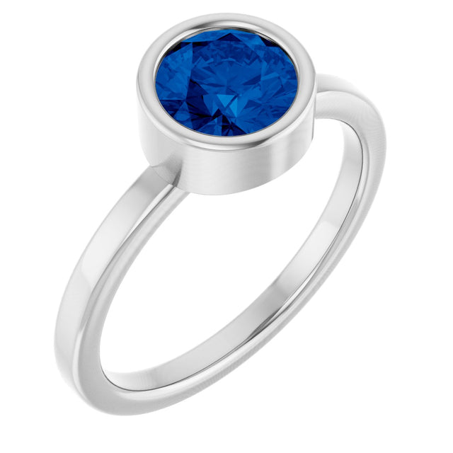 Platinum Round Natural Blue Sapphire Bezel-Set Solitaire Ring