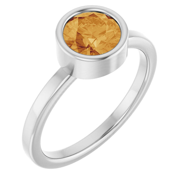 Platinum Round Natural Citrine Bezel-Set Solitaire Ring