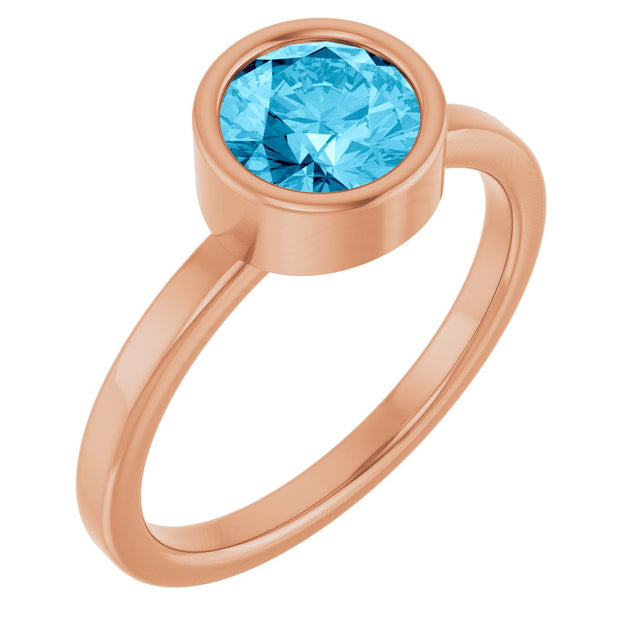 14K Gold Round Natural Aquamarine Bezel-Set Solitaire Ring - Rose Gold