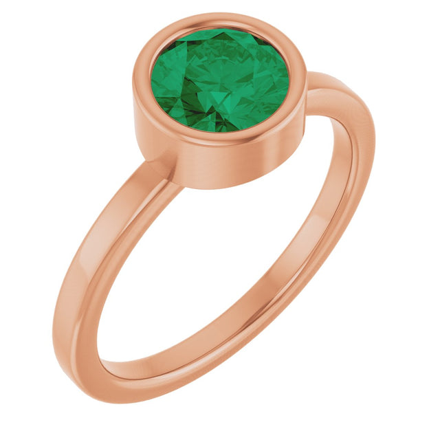 14K Gold Round Lab-Grown Emerald Bezel-Set Solitaire Ring - Rose Gold