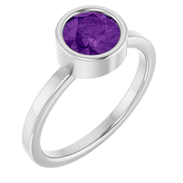 14K Gold Round Natural Amethyst Bezel-Set Solitaire Ring - White Gold