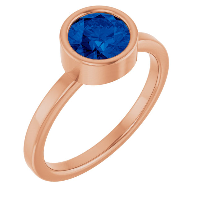 14K Gold Round Natural Blue Sapphire Bezel-Set Solitaire Ring - Rose Gold