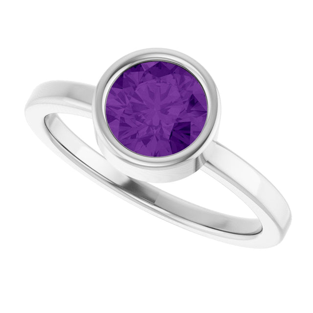14K Gold Round Natural Amethyst Bezel-Set Solitaire Ring - White Gold - view 5