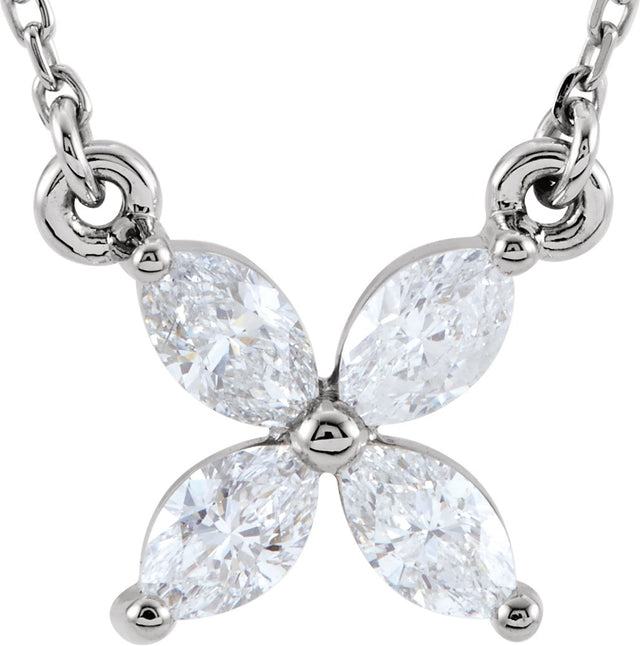 14K Gold Marquise Natural Diamond Floral Necklace - White Gold