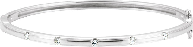 14K Gold Round Natural Diamond Accented Hinged Bangle Bracelet II - White Gold