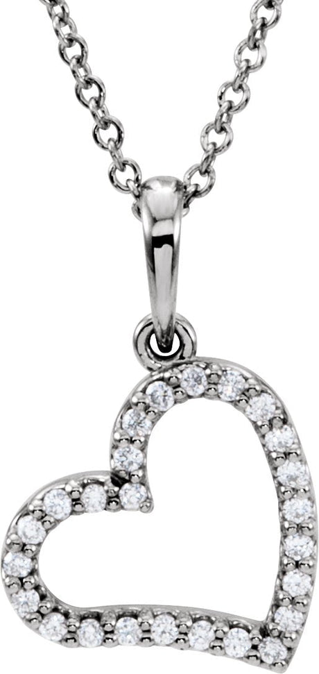 14K Gold Round Natural Diamond Heart Necklace or Pendant - White Gold