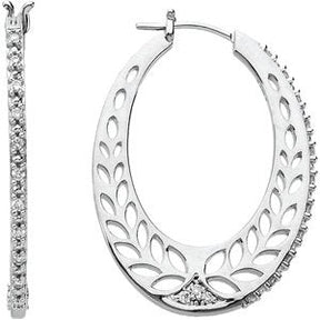 14K Gold Round Natural Diamond Floral U-Hoop Earrings - White Gold