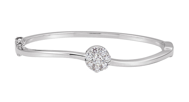 14K Gold Round Natural Diamond Cluster Hinged Bangle Bracelet