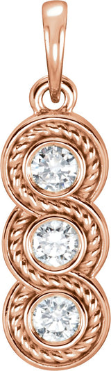 14K Gold Round Natural Diamond Three-Stone Rope Pendant - Rose Gold