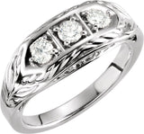 14K Gold Round Natural Diamond Three-Stone Leaf Ring - White Gold